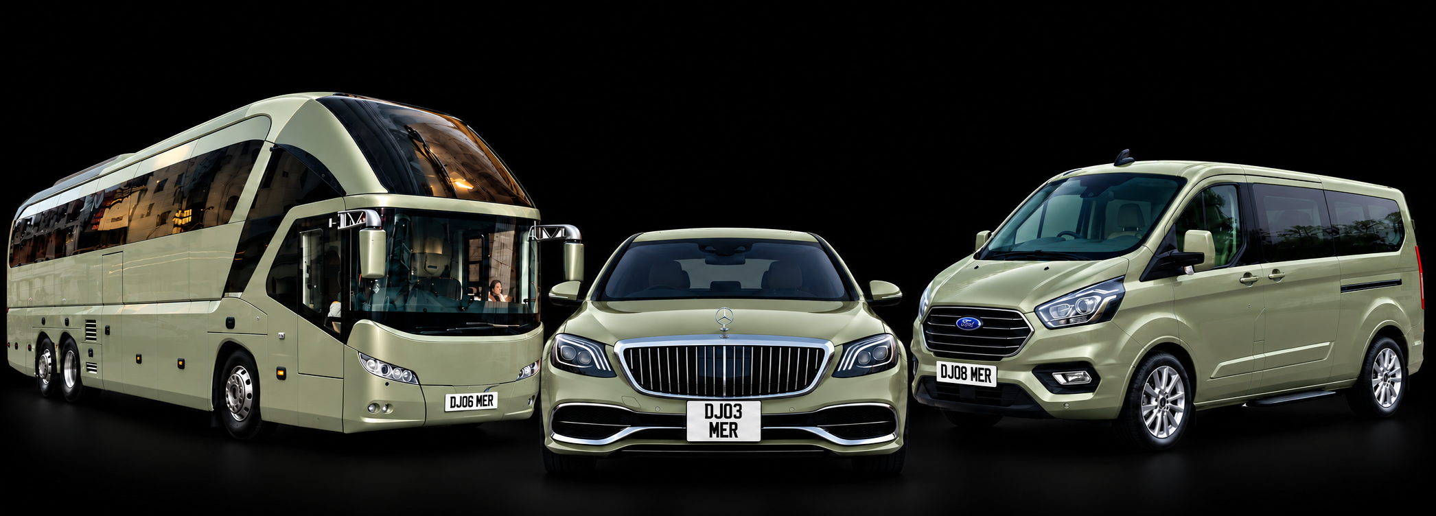 Travel Dajomer fleet: VIP Coach, Mercedes S560 Maybach and Transit minibus in stone green